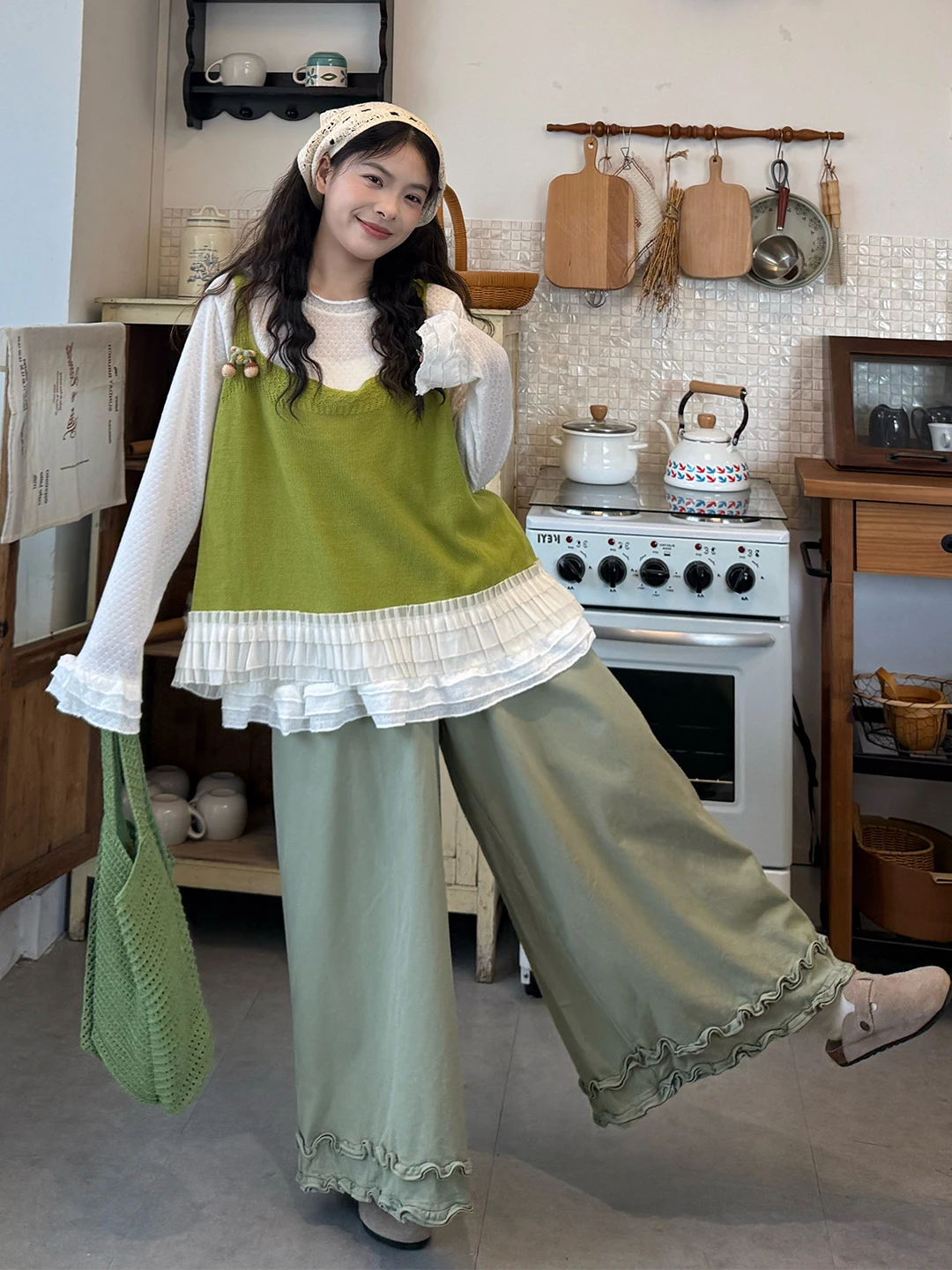 

plus Size Spring Knitted Lace Patchwork Long Sve Csole Boting Pants Tee-Piece Set Women's Faion Comfortable Casu...