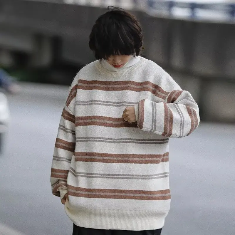 

Мужской свитер в стиле ретро с цветными полосками, свободный повседневный вязаный зимний верхний слой из полиэстера, с длинными рукавами и круглым вырезом