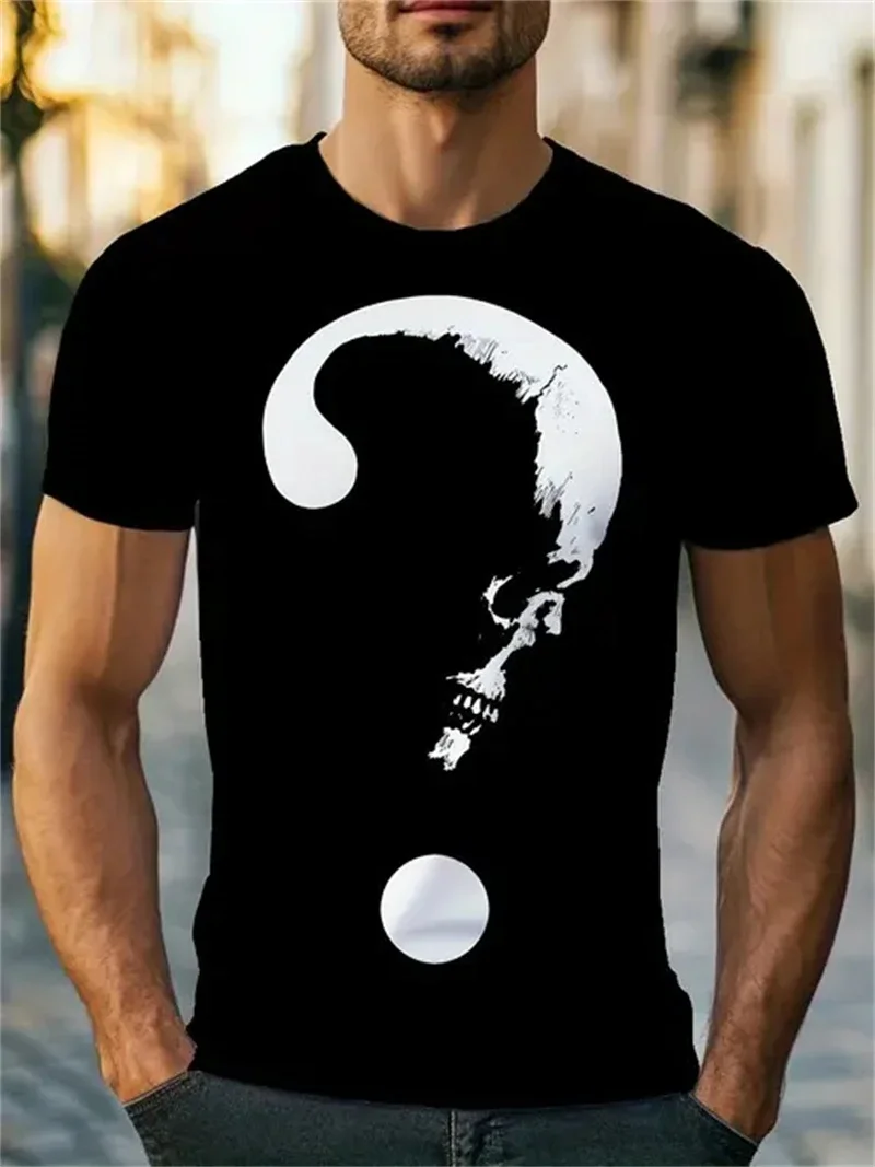 Men's Black Skull Question Mark Print T-Shirt Gothic Crew Neck Short Sleeve Casual Streetwear Unique Breathable Top