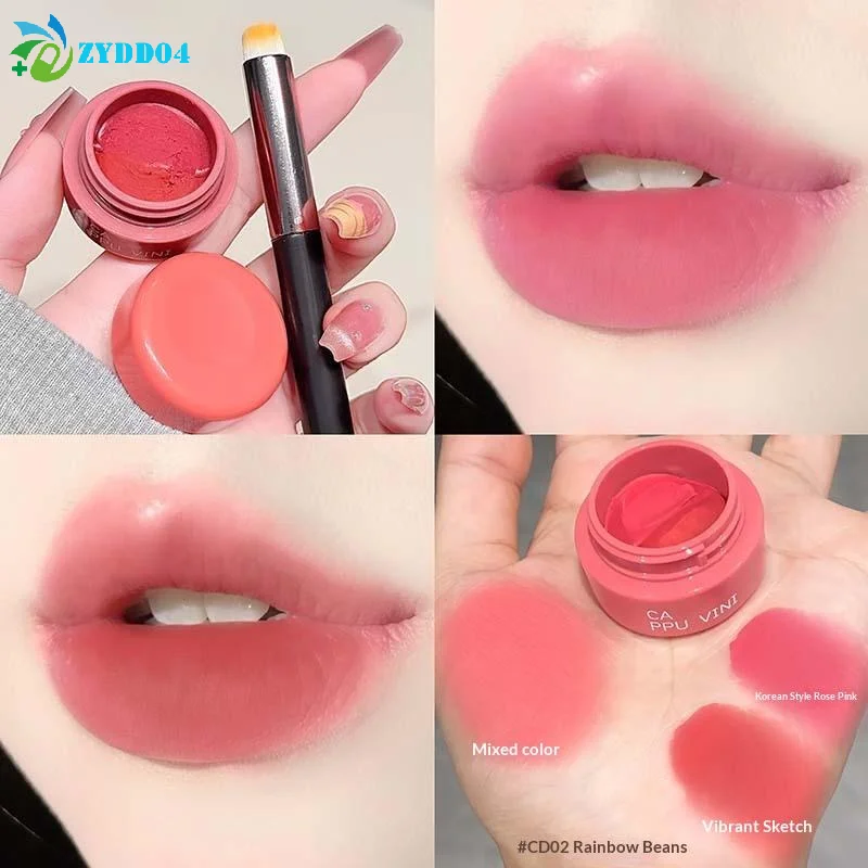 1 szt. Cappuvini Kremowy Błotny Błyszczyk w Puszce Długotrwały Wodoodporny Szminka i Kremowy Róż do Policzków z Pędzelkiem do Ust - Rozjaśniający Zestaw do Makijażu