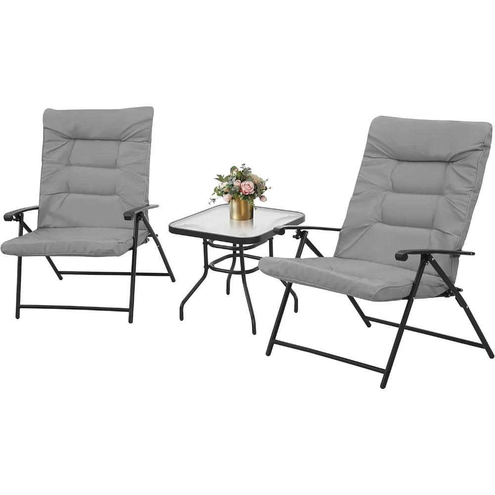 

3-Piece Outdoor Furniture Patio Padded Folding Chair Set Patio Bistro Set Foldable Adjustable Reclining Lounge Chair