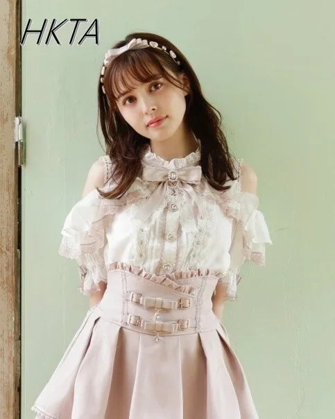 Liz Japanese Mass-Produced Mine Off-Shoulder Lace Ruffle Color-Block Bow Top Short Sleeve Shirt Spring Summer Lolita Blouses