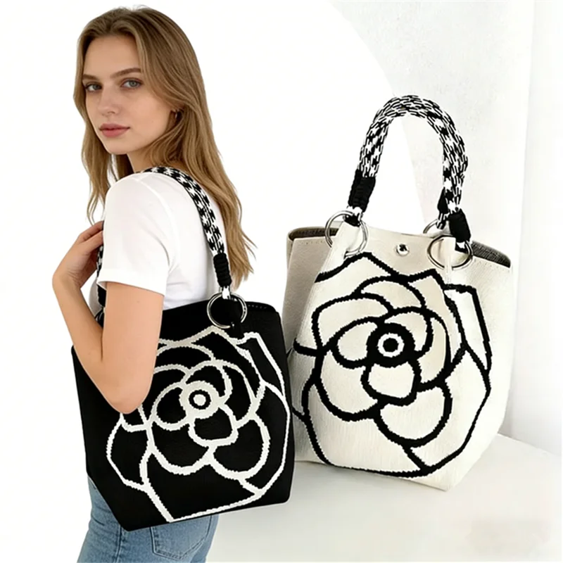 Chic Camellia Flower Knitted Tote Bags, Large Capacity Weave Handbag Shoulder Bags for Women Daily Use Perfect Fashion Companion