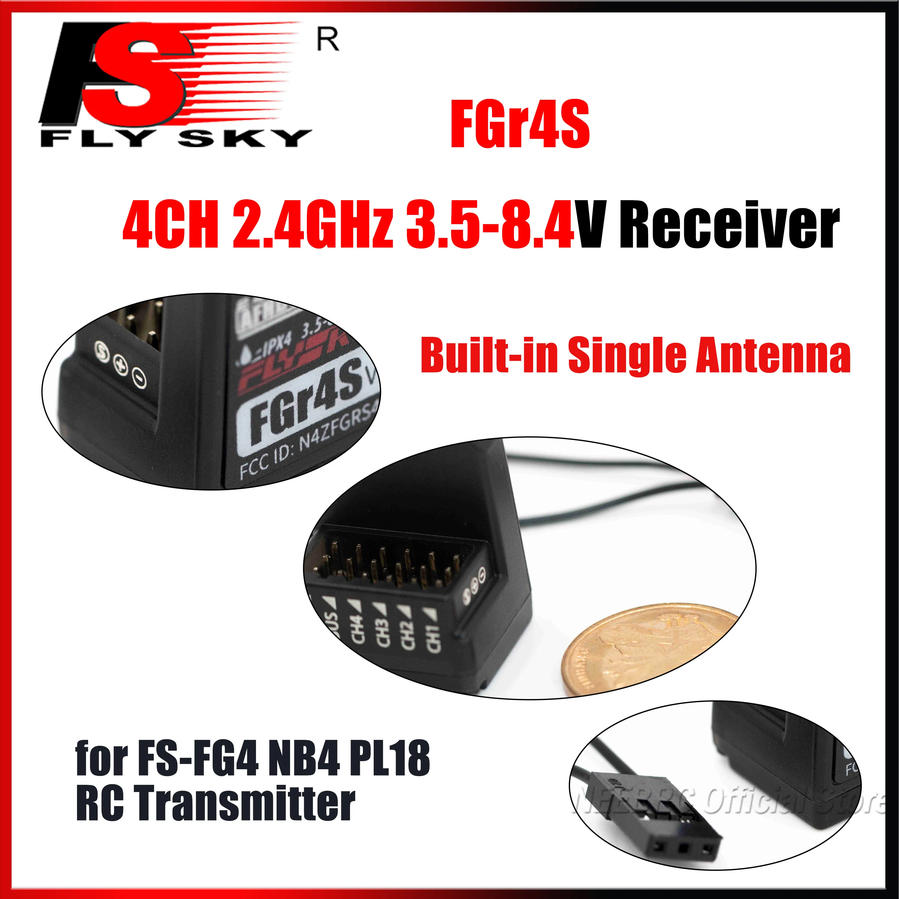 FLYSKY FGr4S 4CH Built-in Single Antenna Bidirectional Receiver PWM/PPM/IBUS Output 3.5-8.4V for FS-FG4 NB4 PL18 RC Transmitter