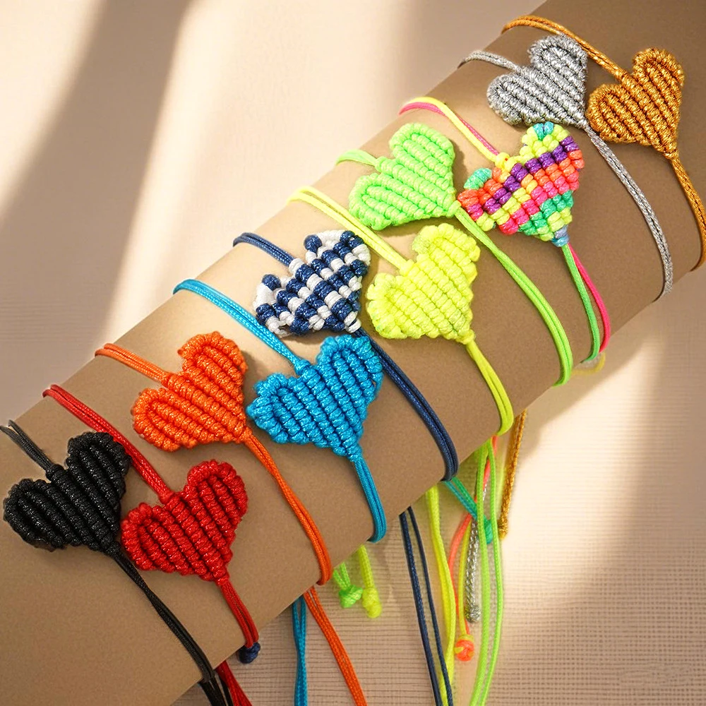 Adjustable Handmade Braided Heart Bracelets - Colorful Wax Cord Friendship Jewelry for Women Girls, Boho Style