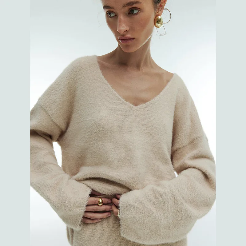 

Женский элегантный повседневный пуловер из норки, комплект с юбкой, однотонные пуловеры с v-образным вырезом, длинные юбки, свободные комплекты, женский повседневный офисный наряд