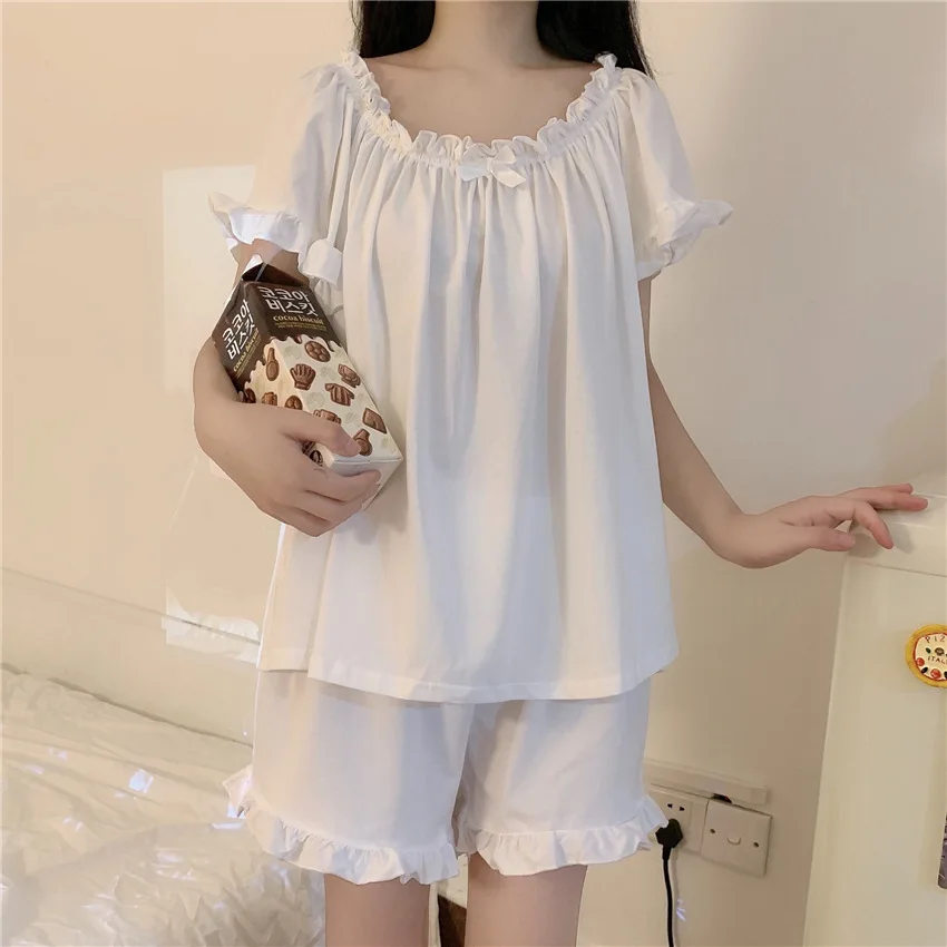 Korean Sleepwear Women Pajama Sets Solid Short Sleeve Piiama Summer Set 2 Pieces Student Night Wear Sleeping Home Suit 2024 New