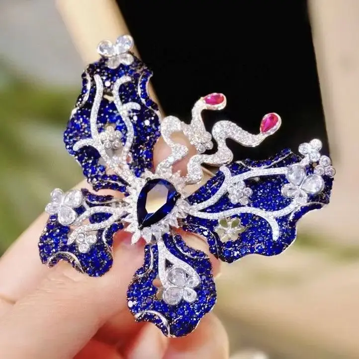 

blue color butterfly brooch 925 sterling silver with cubic zircon fine women jewelry free shipping luxury jewelry