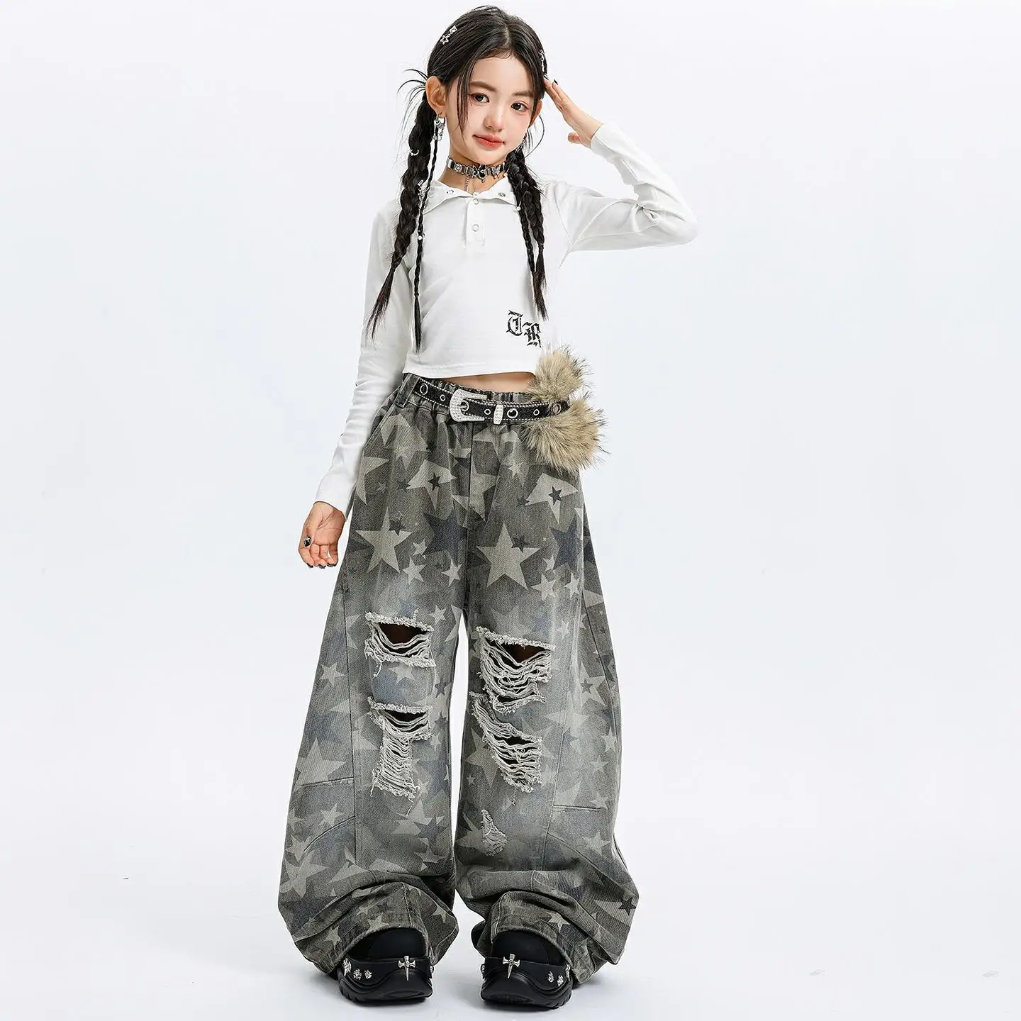 

Детская одежда в стиле хип-хоп Kpop, белая укороченная толстовка с капюшоном, футболка с камуфляжными звездами, рваные брюки с изогнутыми лезвиями для девочек, костюмы для уличных танцев, одежда