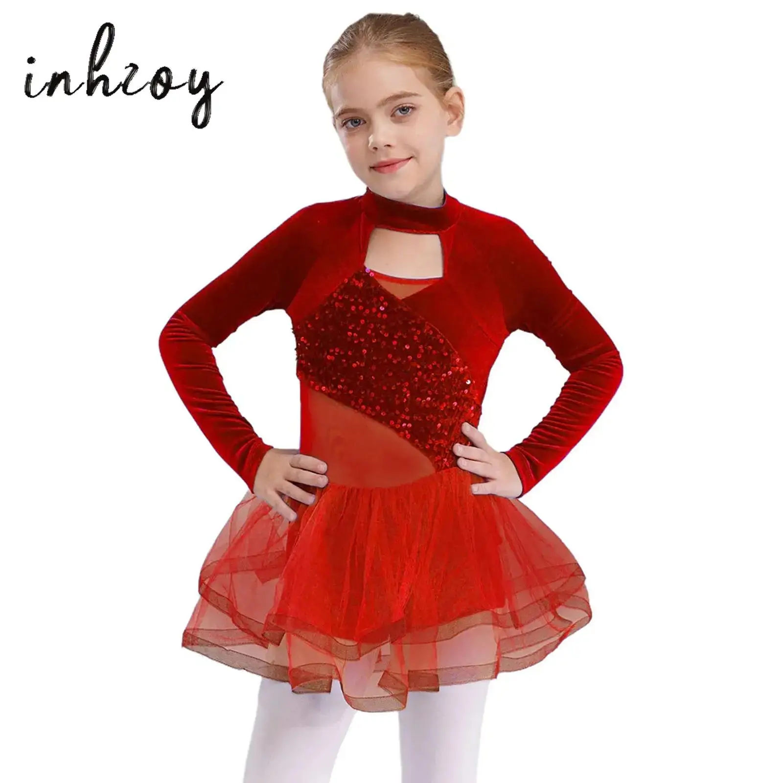 Girls Ballet Dance Tutu Dress Kids Long Sleeves Velvet Sequins Tulle Skirt Skate Gymnastics Christmas Party Leotard Dancewear