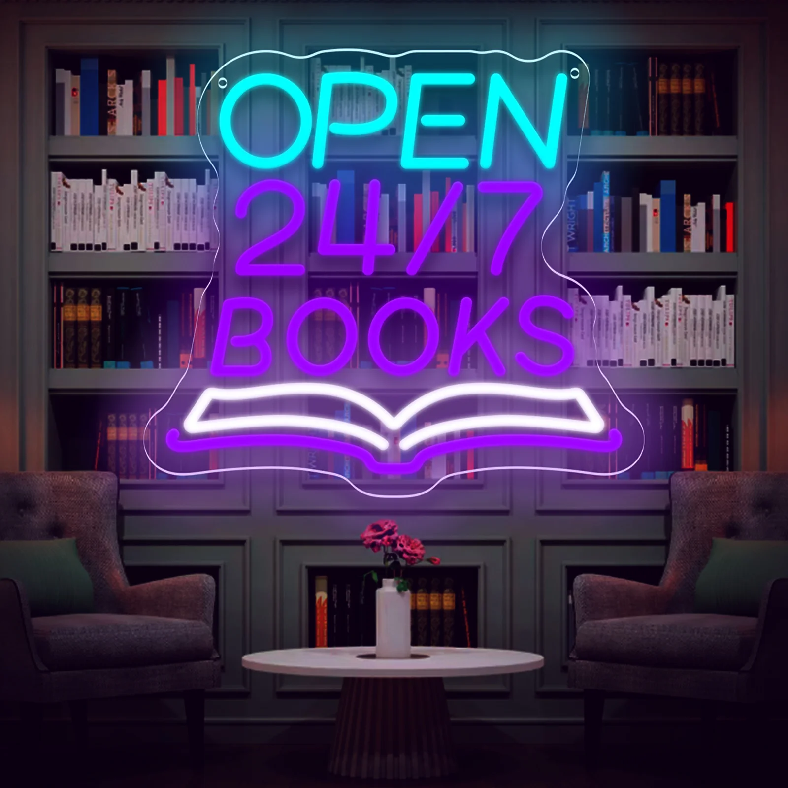 Open 24/7 Books LED Neon Sign USB Powered Dimmable Reading Nook Light for Bookstore Library Coffee Decor Gift for Book Lovers