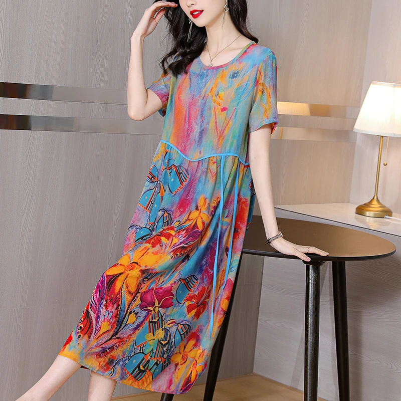 

Summer Floral Mulberry Silk O-Neck Midi Dress Women Boho Fashion Light Beach Sundress 2024 Korean Elegant Bodycon Casual Dresses