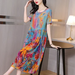Summer Floral Mulberry Silk O-Neck Midi Dress Women Boho Fashion Light Beach Sundress 2024 Korean Elegant Bodycon Casual Dresses