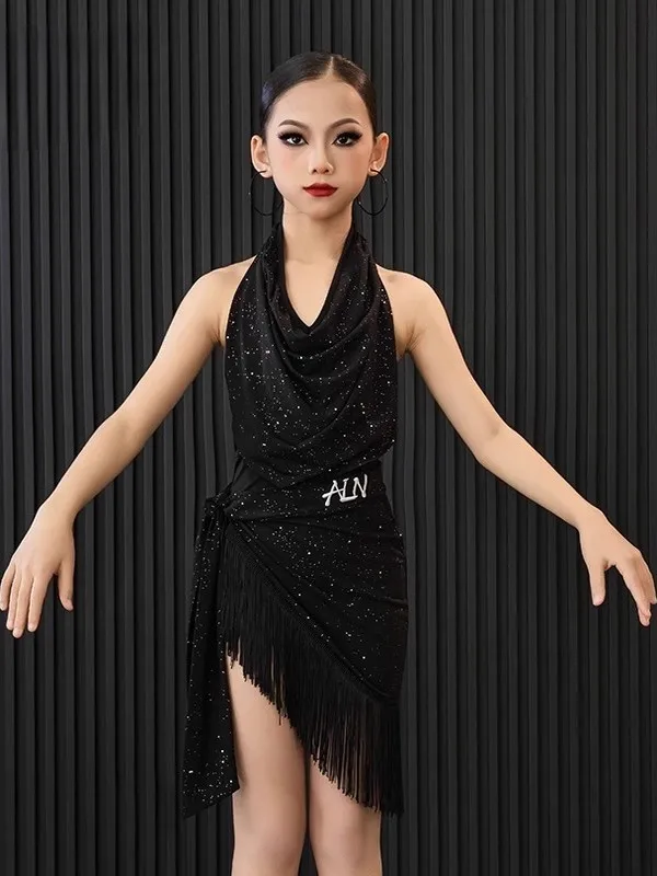 

customized children girls Latin ballroom dance costume with neck hanging top split tassel sequin tied skirt team performance set