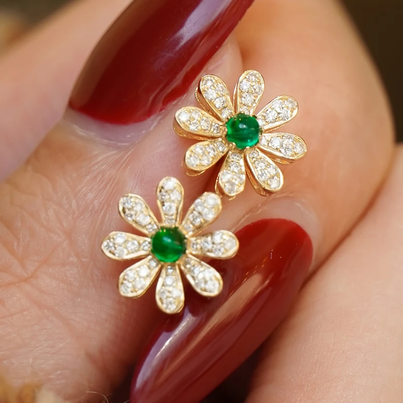 Aazuo Real 18k Yellow Gold Natural Emerald Real Diamond Lovely Flower Daisy Stud Earring Gifted For  Girls & Woman BirthdayParty