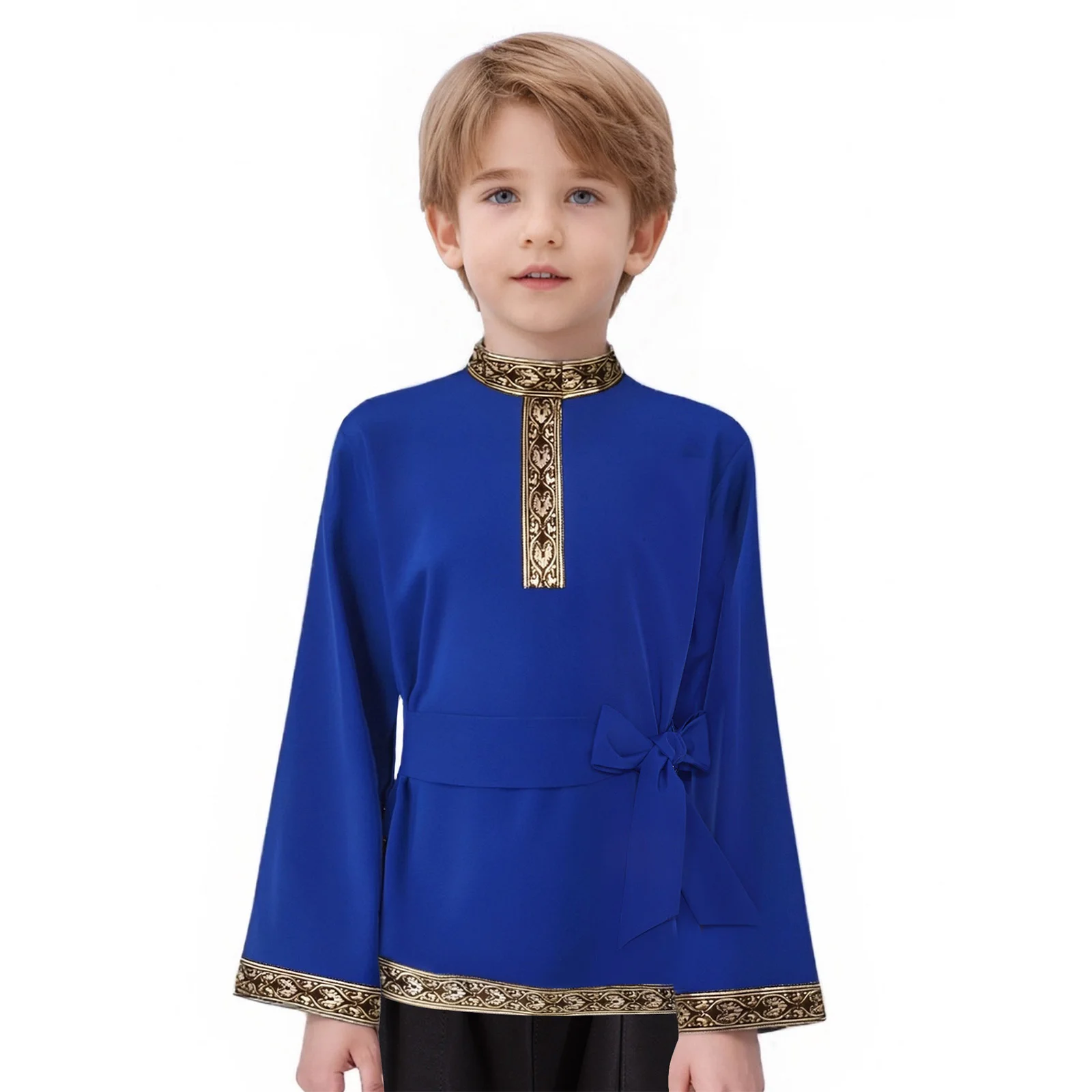 

Boys Girls Traditional Folk Costume Shirts Patterns Band Invisible Press Button with Belt for Carnival Halloween Cosplay Party