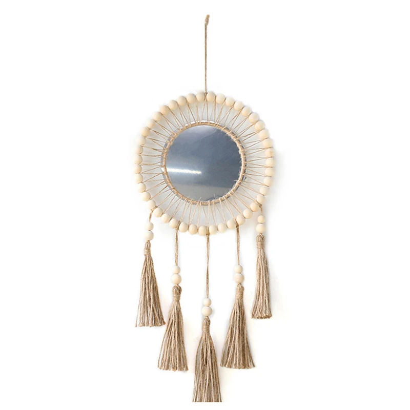 Hanging Wall Mirror Boho Antique Mirror With Wood Beads Fringe Handmade Round Decoration