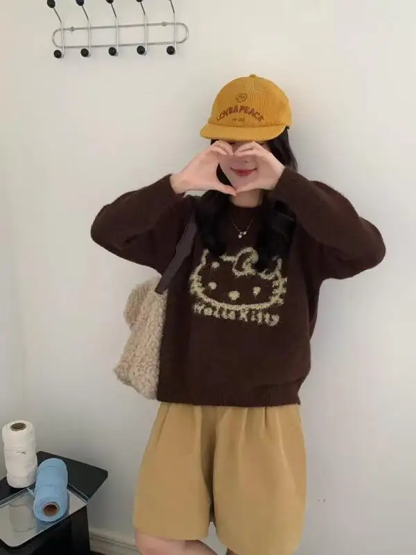 เสื้อสเวตเตอร์การ์ตูนลายคิตตี้สำหรับผู้หญิง ฤดูหนาว ลายแจ็คการ์ด ทรงโอเวอร์ไซส์ สีครีม สไตล์วินเทจ เนื้อผ้านุ่มสบาย แฟชั่น