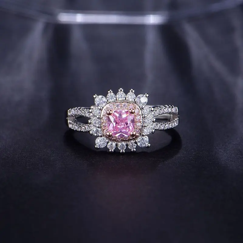 New luxury full-diamond split rose gold imitation pink color gemstone women's engagement ring. Elegant jewelry.