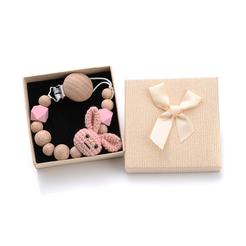 Gift Boxed Baby Beech Wood Pacifier Clips Handmade Crochet Cartoon Rabbit Nipple Chain DIY Infant Anti-Drop Dummy Holder Chain