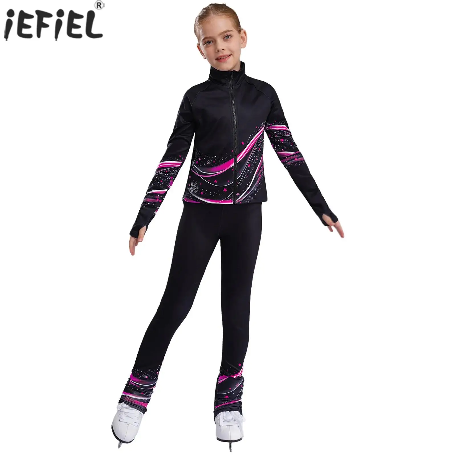 Kids Girls Fleece Figure Skating Sweatshirt Jacket with Leggings Pants Set for Gymnastics Dance Practice Yoga Workout Training