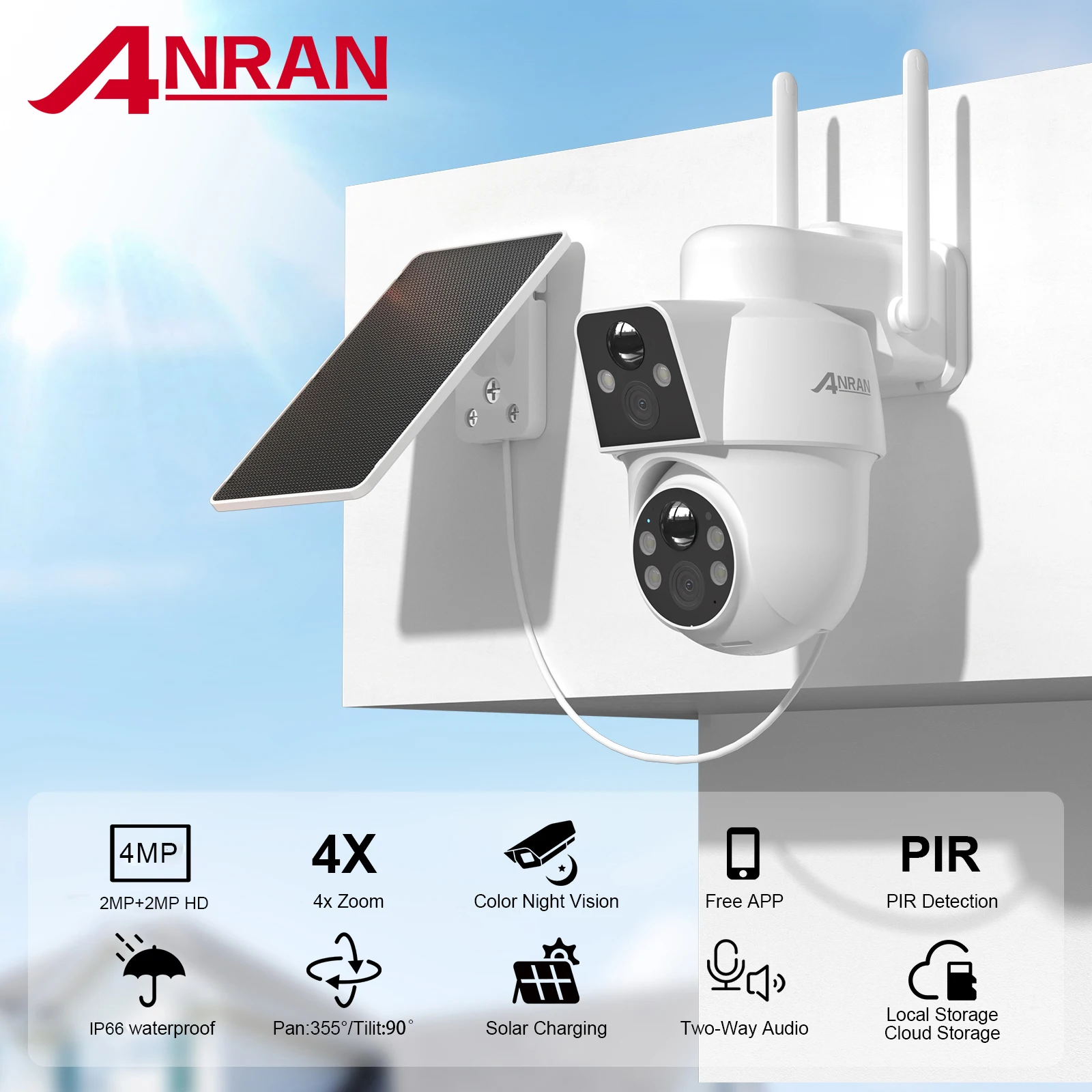 ANRAN – caméra solaire à double objectif, caméras de sécurité WIFI avec panneaux solaires, Vision nocturne couleur, détection de mouvement PIR, caméra IP extérieure