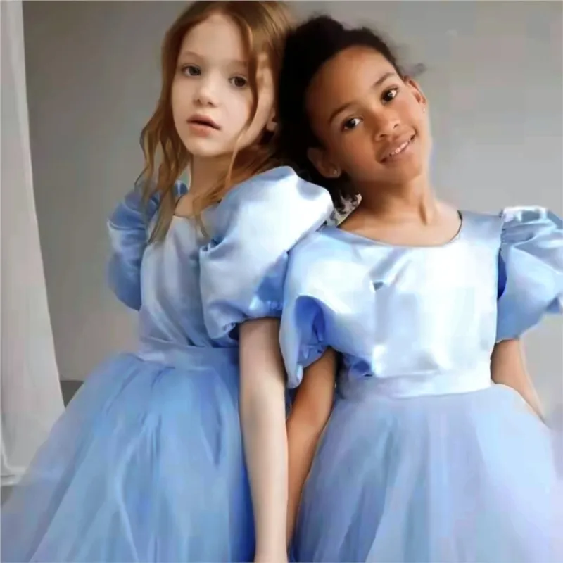 Fashion Girl Princess Vintage Silk Dress Puff Sleeve Child Tulle Vestido Wedding Party Birthday Tutu Dress Child Clothes 1-12Y view 2