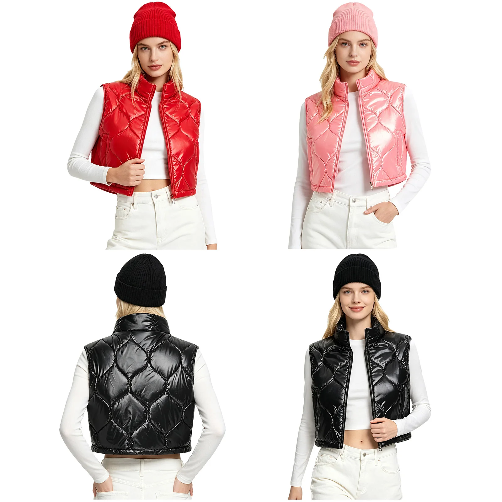 Women Warm Quilted Puffer Crop Vest Padded Jacket Stand Collar Zip-up Tank Top for Winter Sports Skiing Cycling Hiking Running view 4