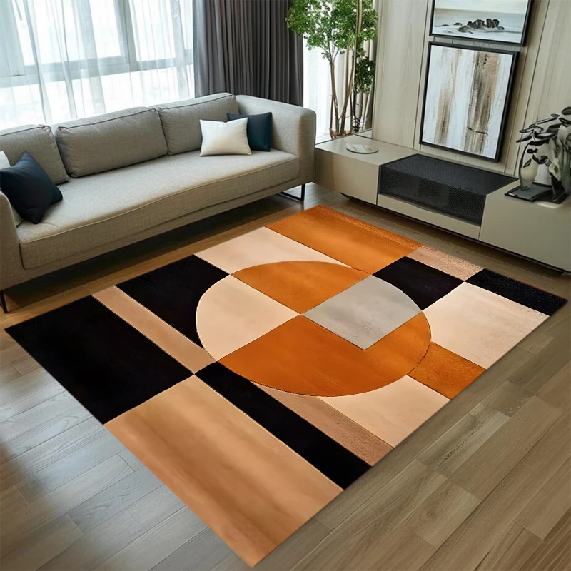 Abstract Orange and Black Geometric Non-Slip Area Rug, Mid-Century Modern Carpet for Stylish Living Spaces