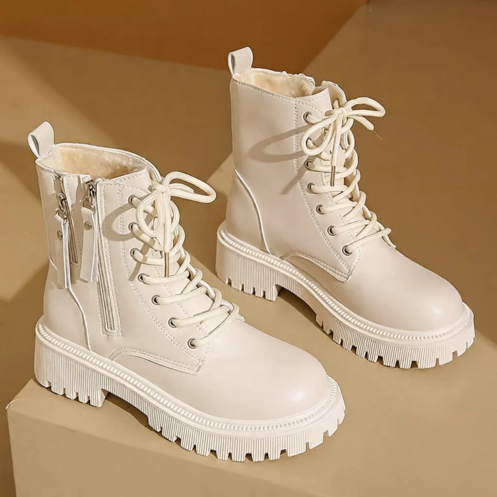 

British Style Fleece Lined Double Zipper Boots Women's Autumn Winter Thick Bottom Warm Short Boots Versatile All Match