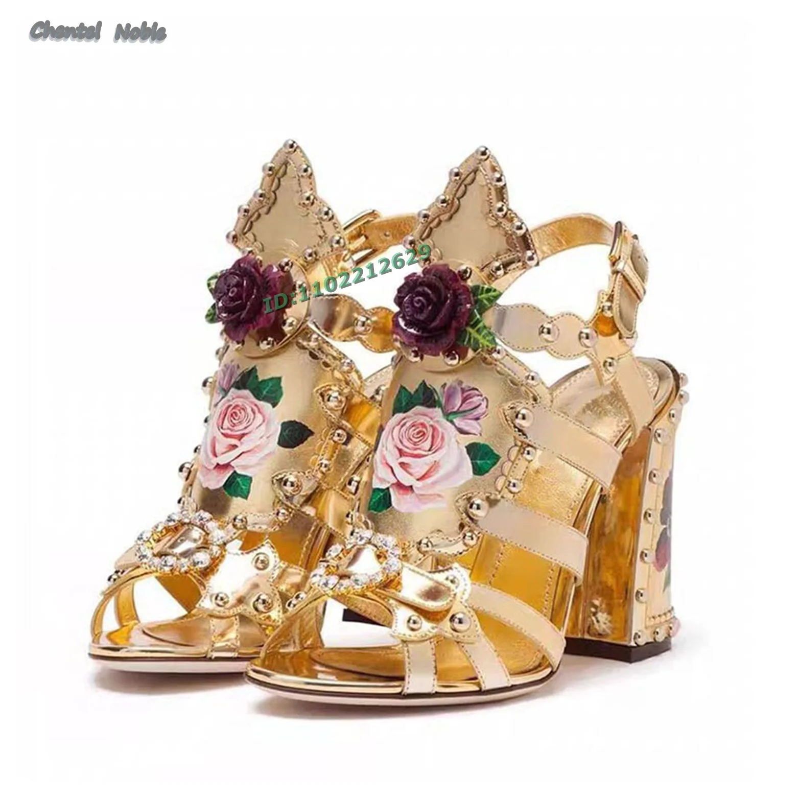 Flowers Print Square High Heels Sandals Round Peep Toe Luxury Design Retro Ankle Strap Buckle Women Shoes Stilettos 2024 New