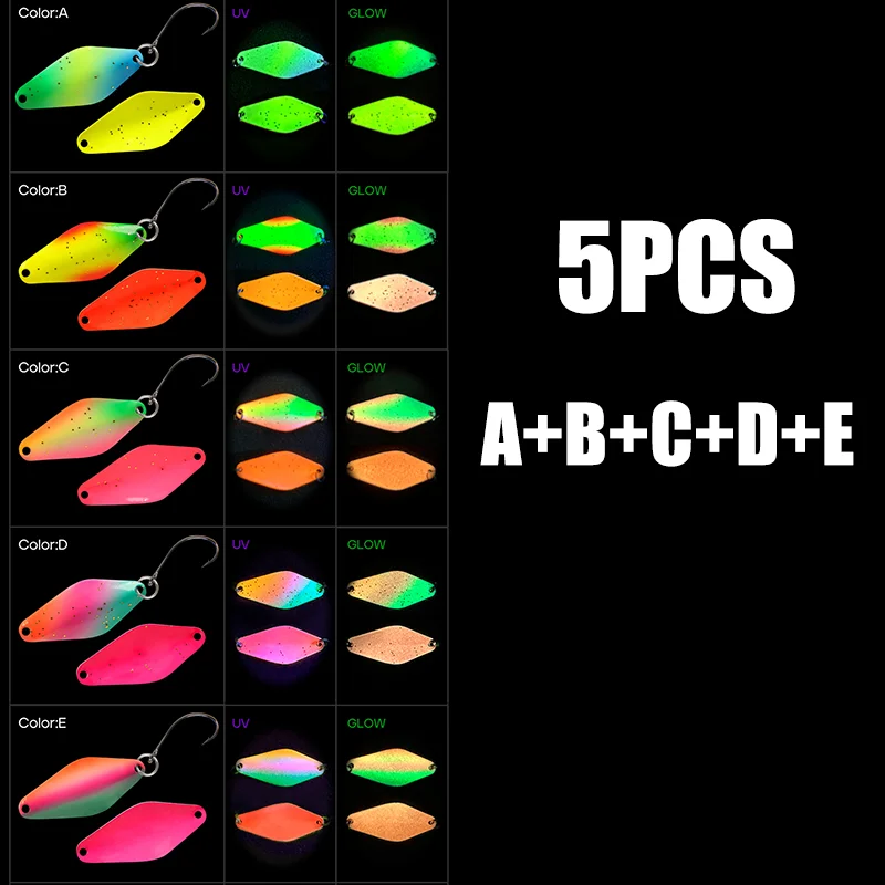 5 Teile/satz Spoonbait 2,5g 4g Kupfer Pailletten Jig Doppelseitige Malerei Spinner UV Leucht Mantel Einzigen Haken Forelle bass Pesca Tackle