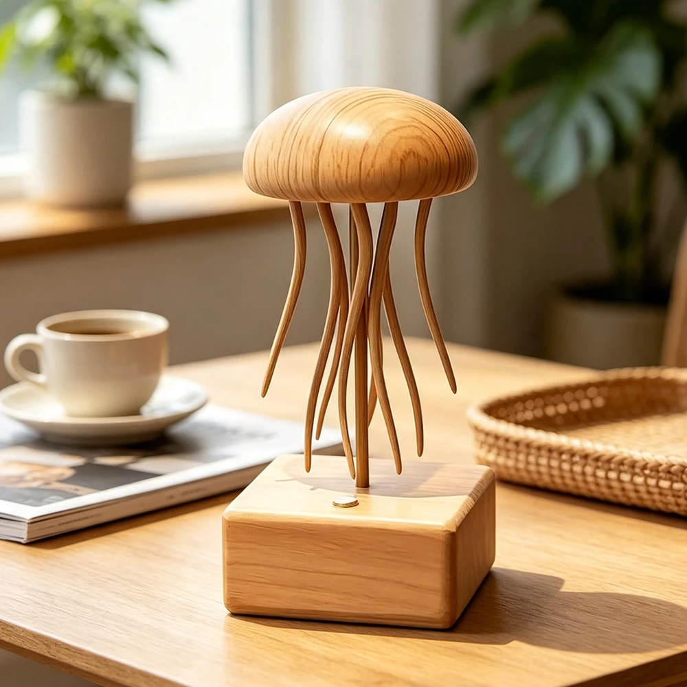 1Set Ocean Inspired Wooden Jellyfish Kinetic Automaton, Handmade Sculpture Relaxing Desktop Ornament Art Craft Souvenir