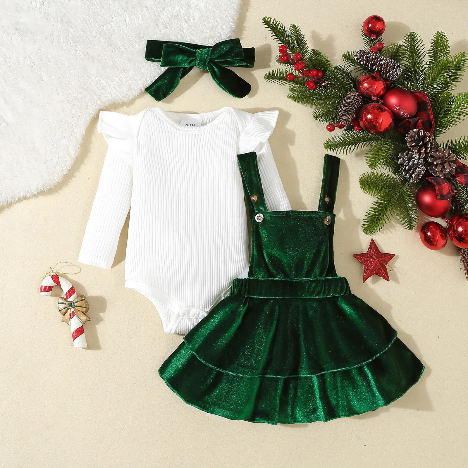 Infant Boys Girls Long Sleeve Christmas Color Scheme Long Sleeve Bodysuit Skirt Bow Headbands Little Girl Two Piece Outfits