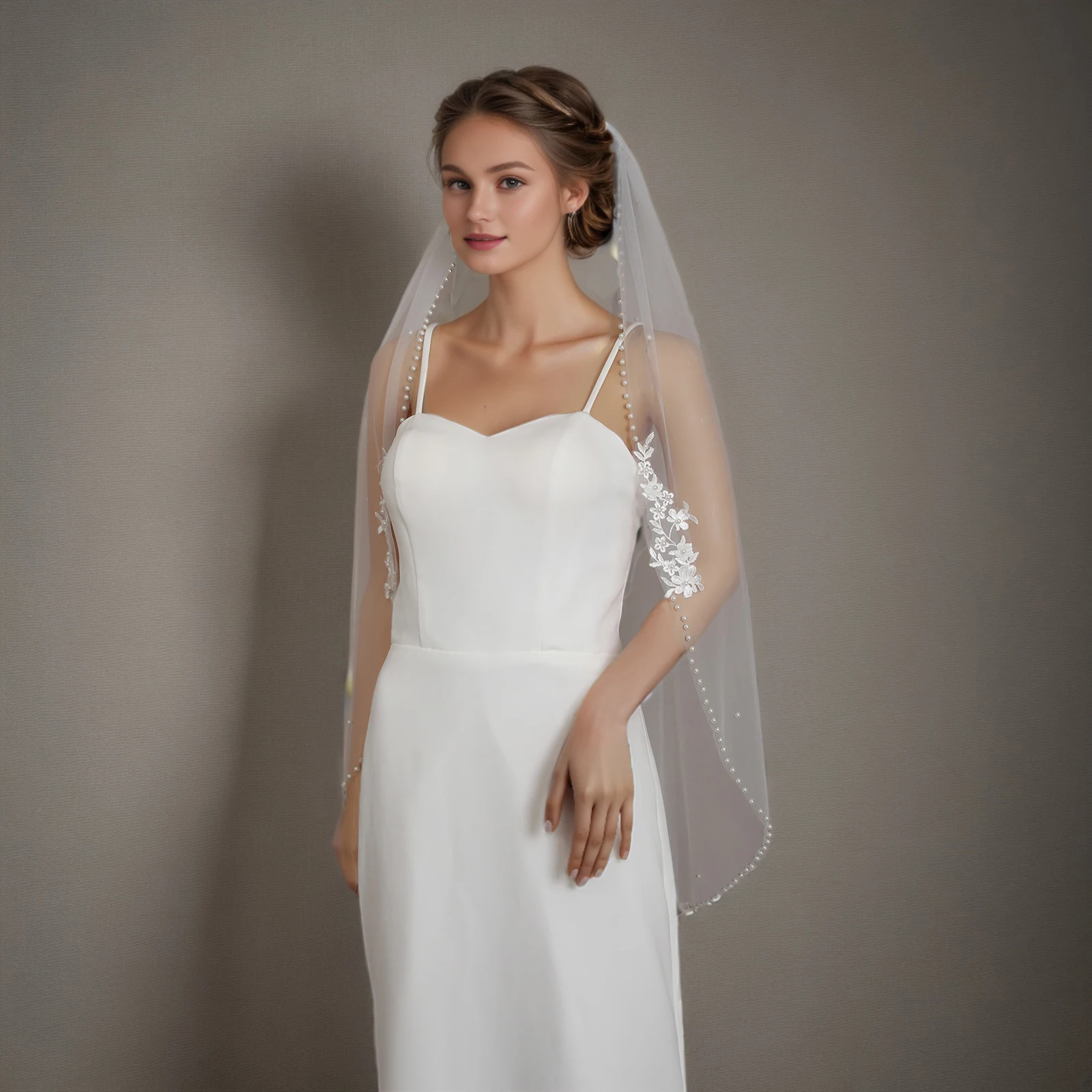 

Фата с жемчужной отделкой в виде цветов, мягкая свадебная фата длиной до часовни с расческой, одноуровневый свадебный головной убор, аксессуары для волос для невесты G241