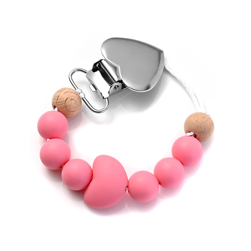 1Pcs Heart Metal Baby Nipple Clips Silicone Round Teether Beads Pacifier Chain For Baby Teething Nursing Safe Chew Toys BPA Free