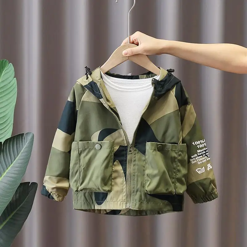 

2023 New Kids Clothes Boys Jackets Hooded Long Sleeve Spring Autumn Fashion Casual All-match Camouflage Zipper Button Tops