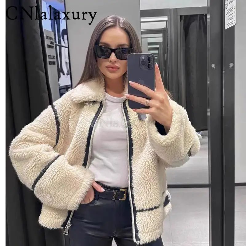 CNlalaxury 2023 Female New Short Jacket Zipper Autumn Winter Loose Chic Outwear Warm Simplicity Leather Button Blazer Lambhair