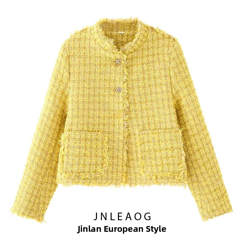 معطف نسائي جديد للخريف من JNLEAOG أصفر صغير الحجم Sle Jaet بتصميم متعدد الاستخدامات معطف فضفاض من البوليستر #1