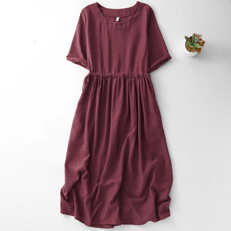 

Платье женское хлопково-льняное с завышенной талией, винно-красное, с поясом, утягивающее, на шнуровке, винтажное, художественное, средней длины, тонкое, стильное