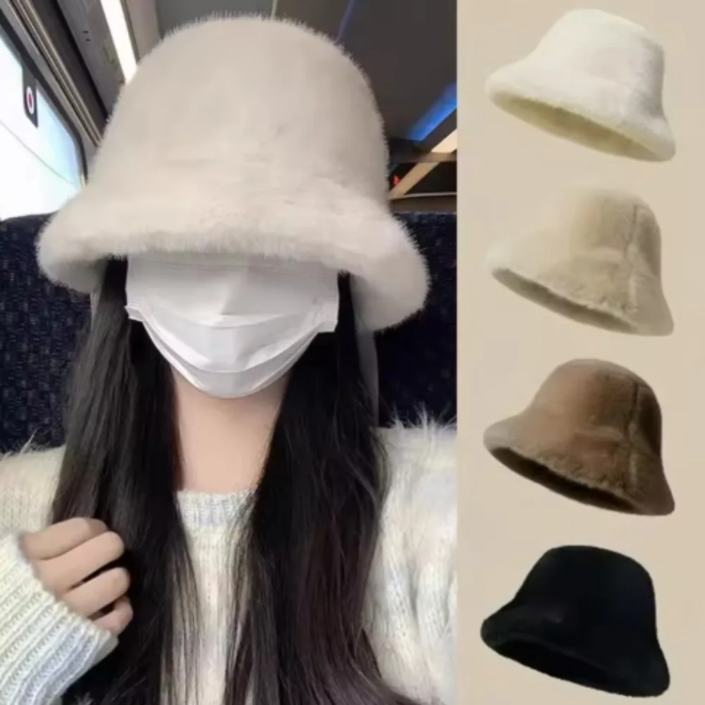 Outdoor Plush Plush Bucket Hat Warm Soft Panama Hat Furry Winter Basin Sun Cap for Women Fisherman Cap Windproof and warm