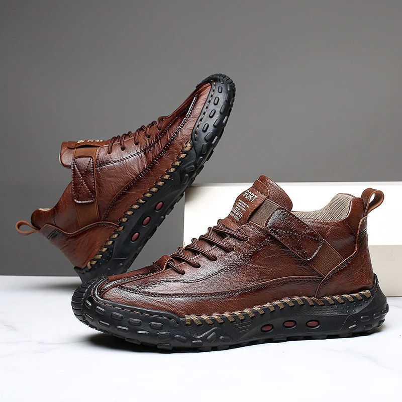 Men's 2026 Autumn New Plus Size Leather Mid-top Boots, Hand Stitched,Lightweight Anti-slip Work Boots, Trendy Casual Ankle Boots
