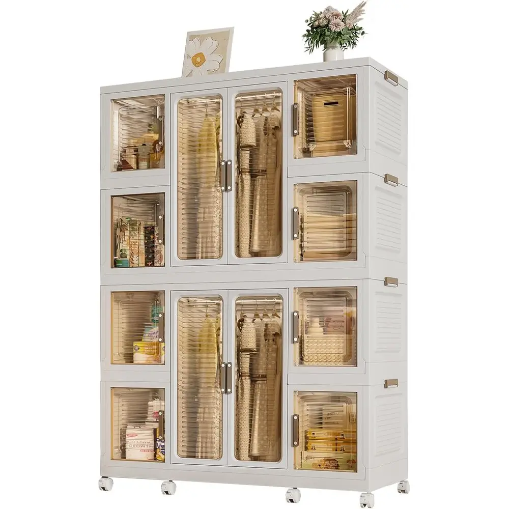 Large Plastic Collapsible Wardrobe with Wheels, 8-Shelf Storage Cabinet, 2 Rods, 16 Hangers