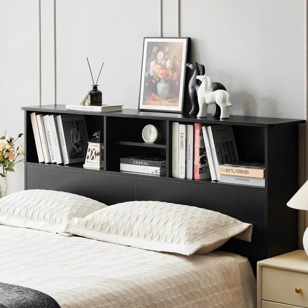 

King Headboard with Storage with Adujstable Shelves, King Wooden Headboards, Farmhouse Headboards with Deep Bookshlf, Sturdy Boo