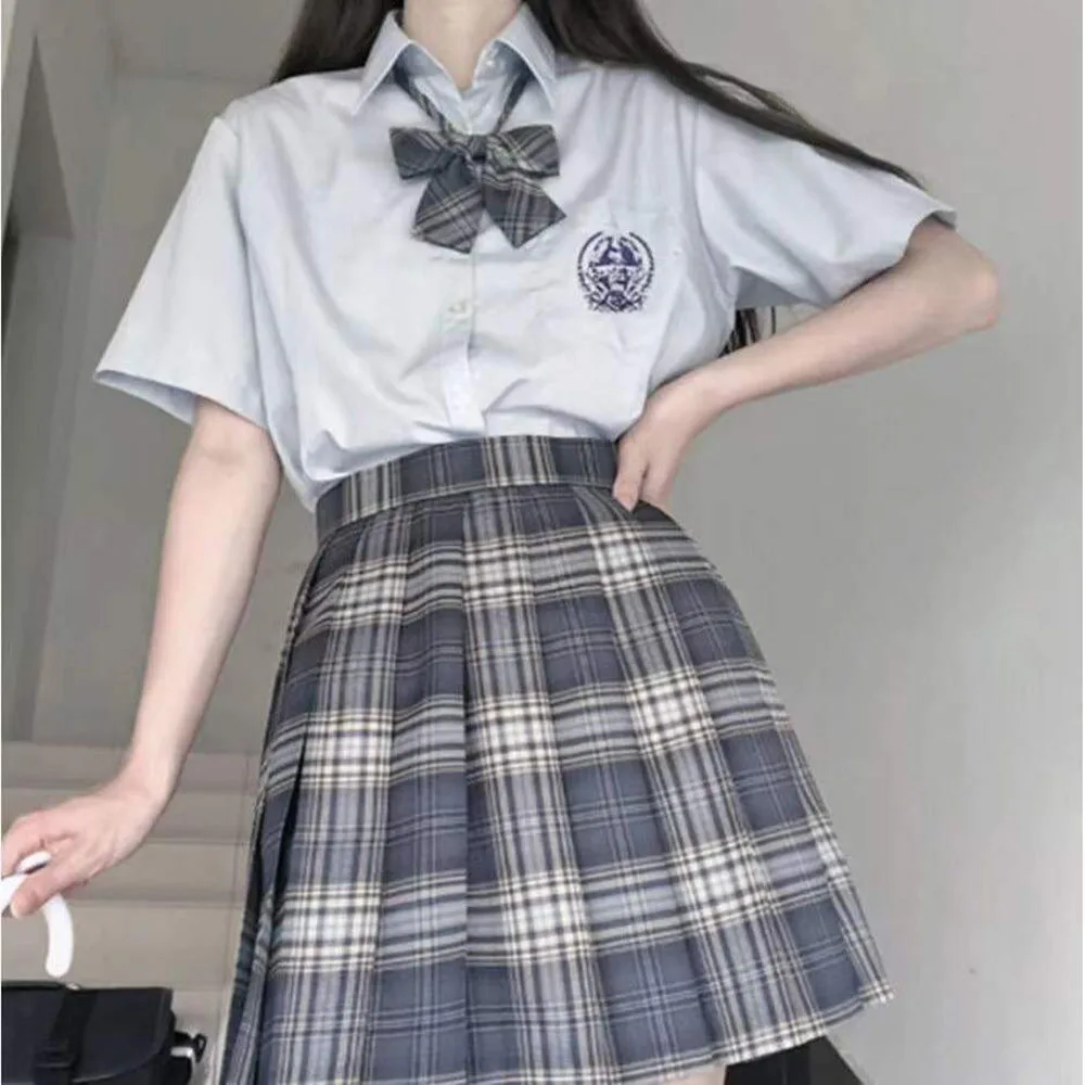 Women Harajuku Preppy Style Sweet Kawaii Pleated Plaid Skirt Korean High Waist Mini Skirts Jk Uniform for Woman Full Set