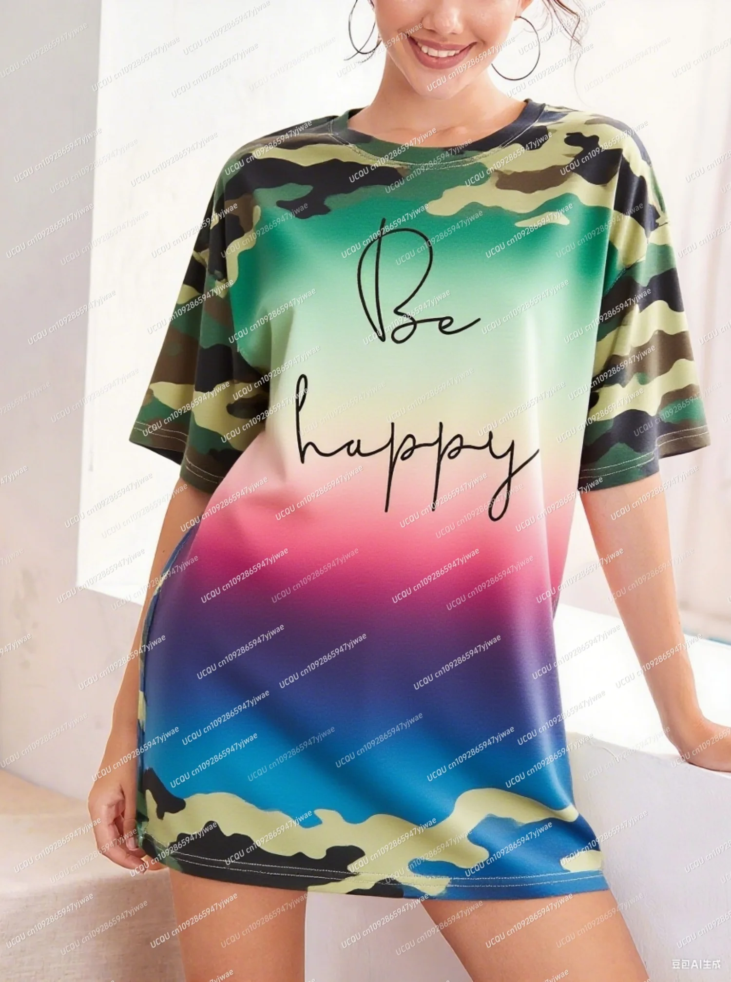 2025年夏新作 レディース Tシャツワンピース 迷彩柄 レタープリント BE HAPPY プリント Oネック 半袖 プルオーバーワンピース レディース服