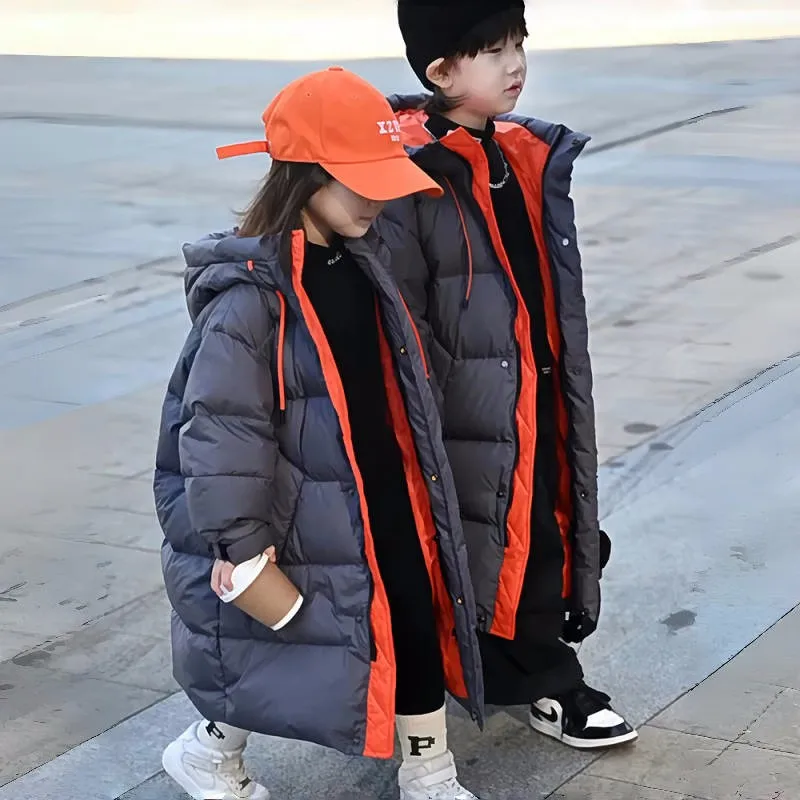 

Winter Warm Girls Boys Stylish Contrast X-Long Hooded Zip Puffer Jacket School Kid Thick Coat Children Outfit Windbreaker 4-16Yr