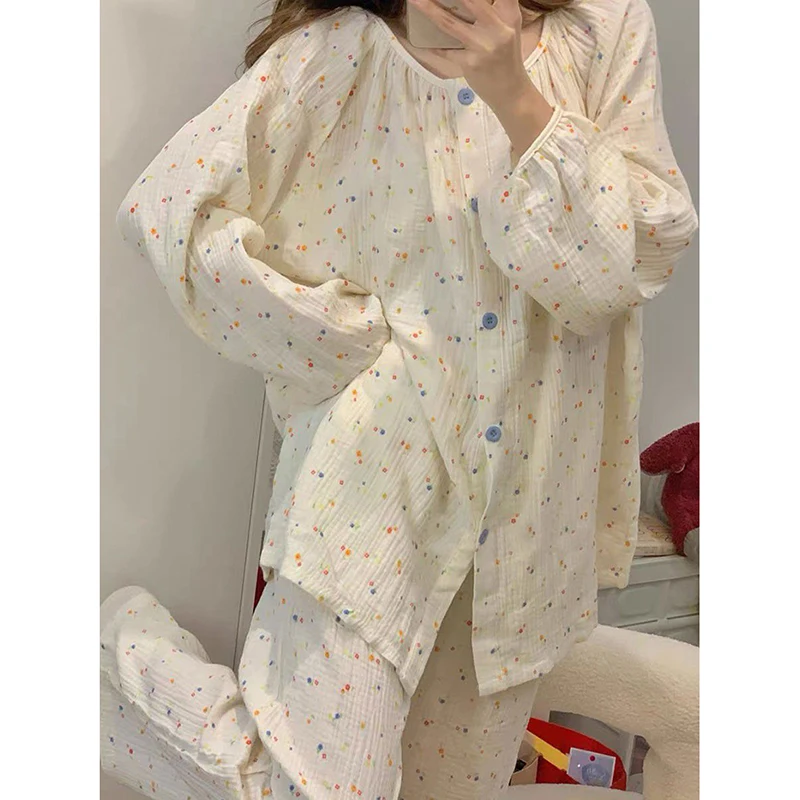 Polka Dot Sleepwear Women Pajama Sets Button Piiama Korean Pants Sets for Women 2 Pieces Ruffles Night Wears Autumn Home Suit