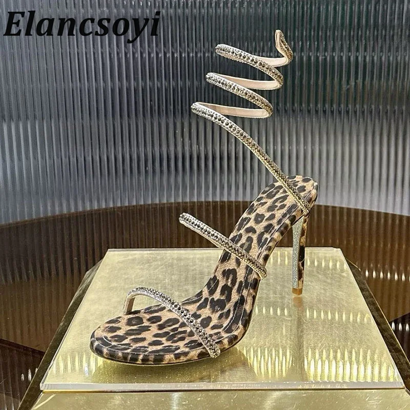 2026 New sandals for women shiny rhinestone ankle snake shaped wrapped sandals sexy slim high heels open toed party shoes