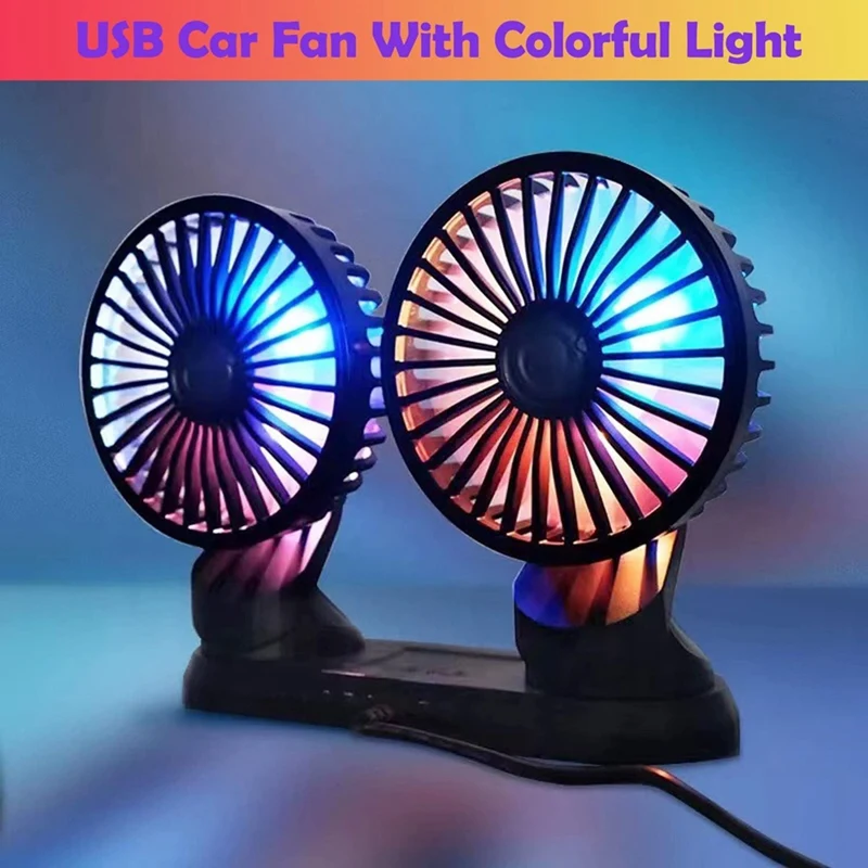 Car Fan, 360° Adjustable Dual Head USB Cooling Air Fan Low Noise Fan For Car SUV RV Truck ,With Coloured Light